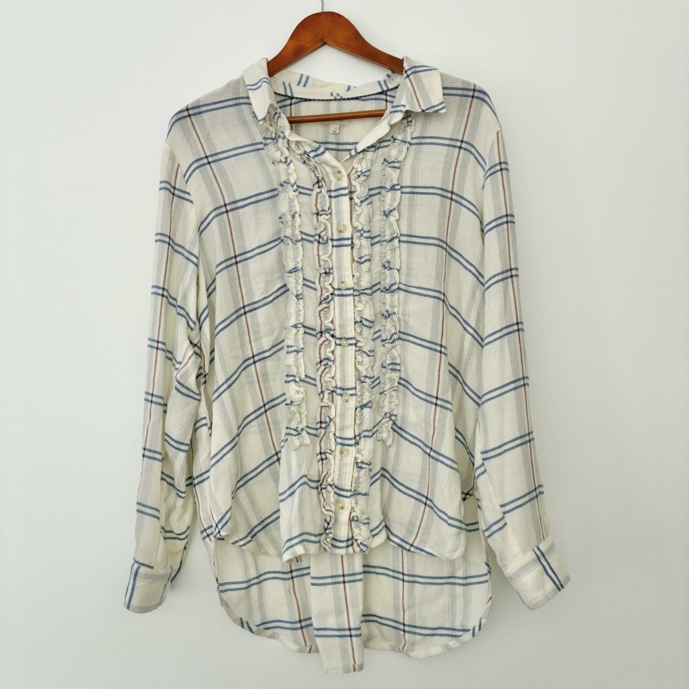 Pilcro Anthropologie Plaid Wool Blend Ruffle Button Down Shirt L Cream Blue